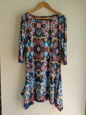 Reborn Size L Women's Blue Multi-Color Printed Swing Dress